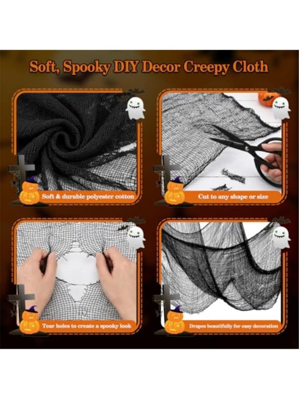 Halloween Black Creepy Cloth 80 × 200 Inch Giant Spooky Cheesecloth Halloween - Picture 4 of 6